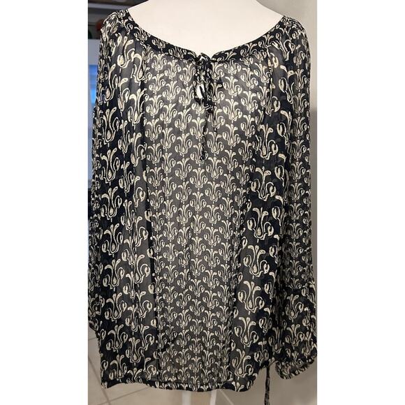 LUCKY Silk Peasant Blouse Boho Plus Size 2X Tunic Artsy Print Sheer JOHN ROBSHAW - Picture 1 of 10